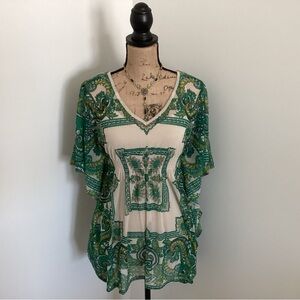 INC International Concepts Green and White Flutter Sleeve Blouse